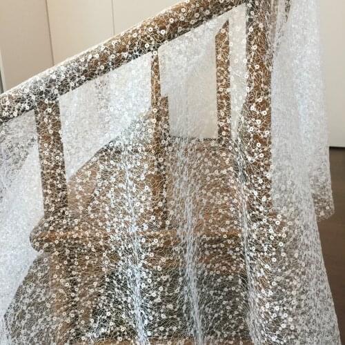 1 Yard Porcelain White Sequin Tulle Lace Fabric Bridal Dress Gown Overlay DIY Fabric 150cm Wide