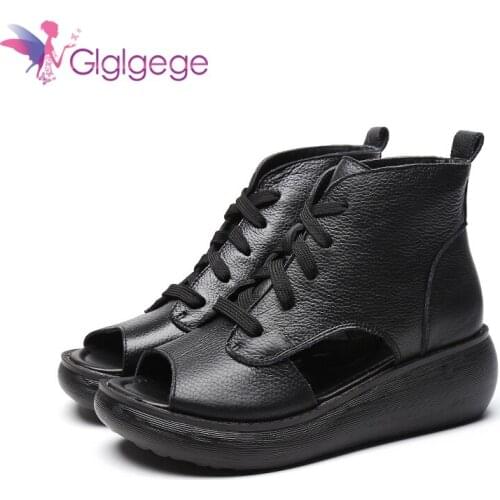 2020 Summer New Leather Sandals Top Layer Cowhide Thick-Soled Fish Mouth Platform Shoes Flat-Bottom Hole Female Roman Sandals