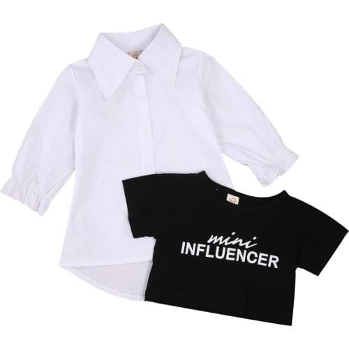 2020 0-5Y Fashion Kids Baby Girl Clothing White Solid Long Sleeve Long Shirt Dress+MINI Letter Black T-shirt 2pcs Autumn Outfits