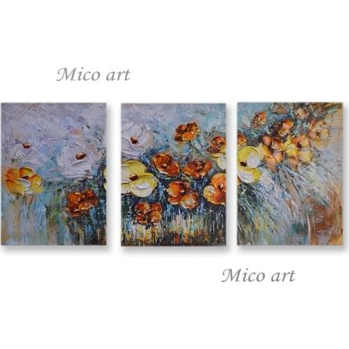 3PCS Decorative Triptych Abstract Palette Knife Thick Acrylic Flower Oil Painting Group Canvas Floral Wall Art No Frame Panel