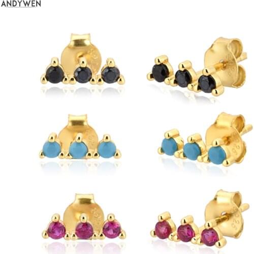 ANDYWEN 925 Sterling Silver Gold Small Stud Earring Zircon CZ Crystal Piercing Ohrringe Fine Jewelry Rock Punk Luxury Pendientes