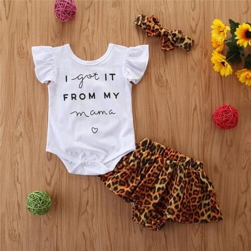 Summer Toddler Infant Baby Girl Newest Cotton Casual Outfits Set Letter Bodysuit+Leopard Shorts+Headband Cute Baby Clothes 3PC
