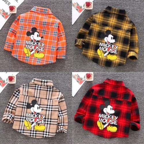 Childrens spring and autumn shirt Disney Mickey Minnie boys girls thin long sleeve shirt childrens cardigan Plaid casual shirt