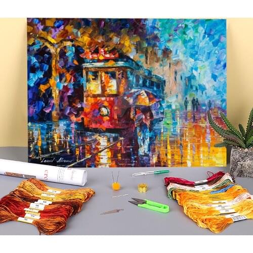 Rainy Trolley Printed 11CT Cross-Stitch DIY Embroidery Full Kit DMC Threads work Handmade Knitting Handiwork Magic Promotions