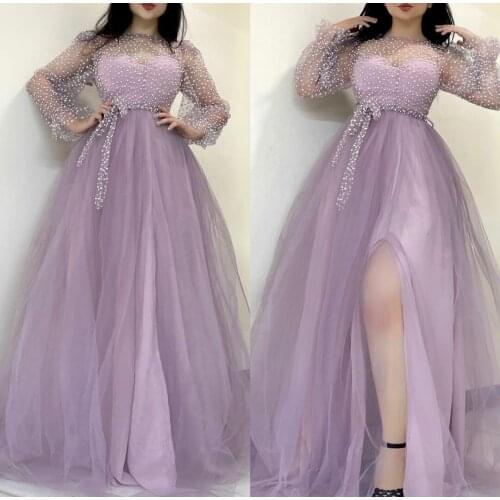 Elegant Long Sleeve Beaded Purple Evening Dresses A-Line Muslim Tulle Abendkleid Formal Party Gown for Women