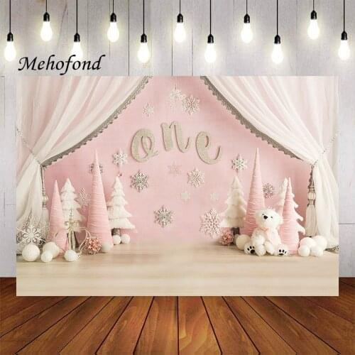 Mehofond Photography Background Happy 1st Birthday Party Winter Pine Trees Snowflake Girl Portrait Backdrop Photo Studio Props