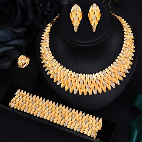 2020 Precious Luxury Flexible Feather Jewelry Set Earrings Necklace Bangle Ring 4 PCS Women Wedding Jewelry 2020 New