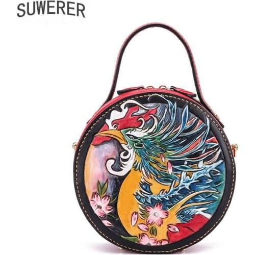 New style leather carved handbag handbag top layer cowhide small round bag Phoenix retro Chinese style hand-carved sewing bag