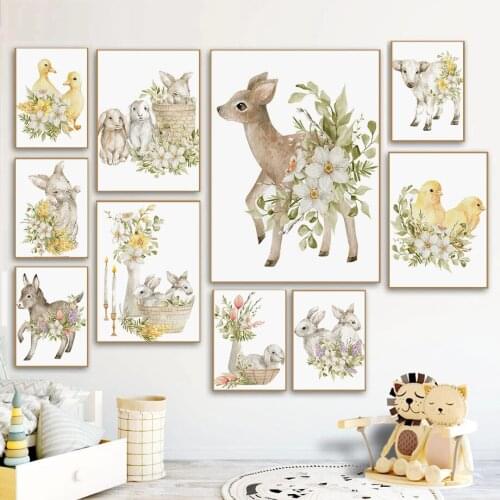 Flower Baby Nursery Wall Art Poster Print Rabbit Deer Sheep Duck Canvas Painting Nordic Wall Pictures Decoration Kids Room Decor