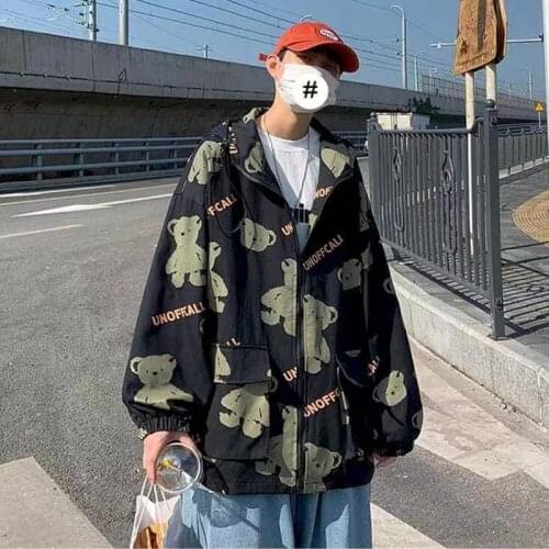 2021New Autumn Man Jacket Vintage Lovely Bear Print Zipup Hoodie Streetwear Loose All-match Hip-hop Fashion Plus Size Jacket Men