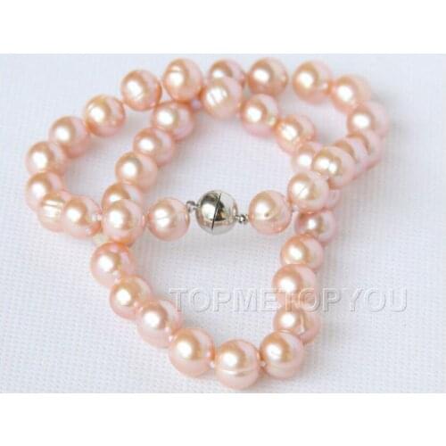Natural 17" 10-11mm round pink Freshwater pearls necklace magnet clasp