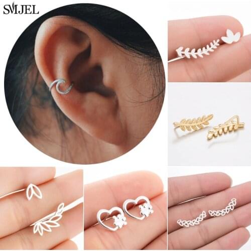 SMJEL Simple Ear Cuffs for Women Gold Wave Leaf Ear Cuff Earrings Climbers No Piercing Fake Cartilage Earring Studs Bijoux