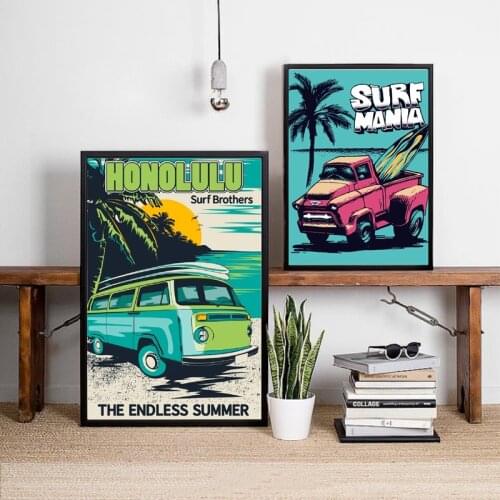 Retro Hawaii Surf Posters and Prints Beach Surfing Car Wall Art Canvas Painting Vintage Van Bus Picture Coastal Art Wall Decor