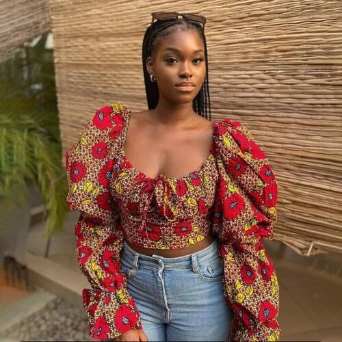 Sexy Crop Tops For Women African Printed Off Shoulder Long Lantern Sleeve Ladies Clothing 2021 Dashiki Ankara Casual Outfits