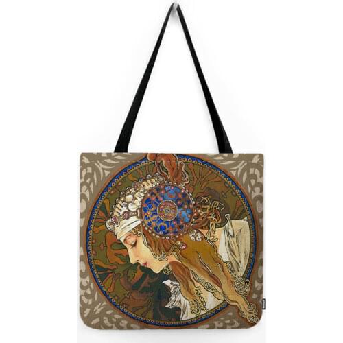 Nouveau Art Alphonse Mucha Princess Duchess Beautiful Woman Oil Painting Art Water Resistant Linen Shopping Bag Tote Bag HandBag