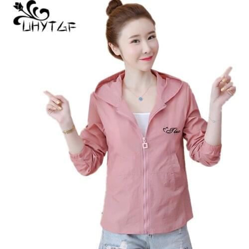 UHYTGF Hooded Outdoor Summer Sun Protection Clothing Womens Jacket Long-Sleeved Cardigan Breathable Thin Sports Windbreaker 1462