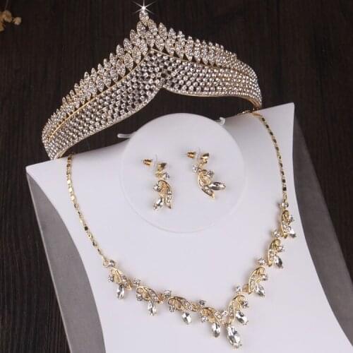 Baroque Vintage Gold Crystal Leaf Bridal Jewelry Sets Choker Necklace Earrings Set Rhinestone Crown African Beads Jewelry Set