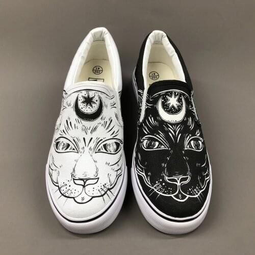 Wen Design Custom A Black-and-White Portrait Depiction of Cat Hand Painted Single Shoes Slip On Flats Men Women Canvas Sneakers