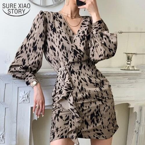 2021 Spring Korean Chic Leopard Printed Womens Dress V-neck Lantern Long Sleeve Mature Mini Dress with Belt Elegant Vestidos