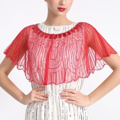 Women 1920s Flapper Sequin Shawl Paisley Striped Art Deco Vintage Cape Bolero Sheer See-Through Mesh Lace Party Shrug Cover Up