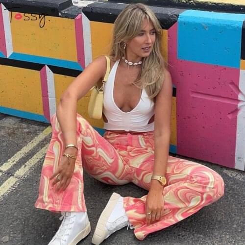 Tossy Loose Print Long Pants Slim Button High Waist Pants For Women Casual Wide Leg Flare Pants Streetwear Y2K 2021 NEW Autumn