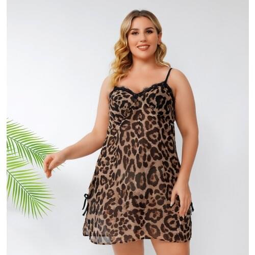 Woman Summer Sexy Sleep Mini Dress Plus Size 4XL 5XL Nightgown Women Lace Leopard Print Strap Backless Home Clothing