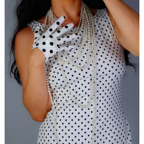Womens runway fashion dot print white PU leather glove ladys club performance party leather slim short glove R3305