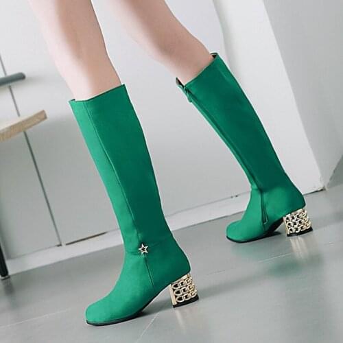 YMECHIC 2018 Fashion Star Buckle Crystal Block High Heel Mid Calf Ridding Knight Boots Female Green Purple Ladies Shoes Big Size