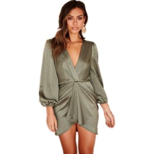 2019 Autumn New Women Business Casual Dress Slim Long Lantern Sleeve Mini Dress Solid Office Lady V-Neck Backless Plain Dress