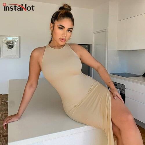 InstaHot Sexy Fashion Women Dress Backless Split Side Hollow Out Bodycon Party Club Vintage Black Sleeveless Tank Dress 2020