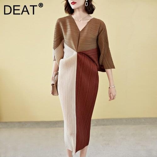 DEAT Women Pleated Dress Hit Color V Neck Batwing Sleeve Casual Style Elastic Waist Elegant Lady 2021 New Autumn Fashion 15JK350