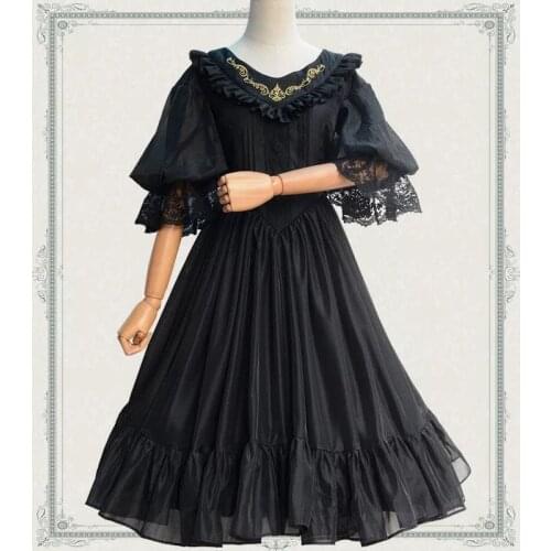 Women Spring Summer Golden Embroidered Swing Dress Female Ladies Elegant 3/4 Sleeves Vintage Lolita Solid Gown Dress For Girls