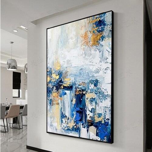 100% Hand Painted Abstract Blue White Oil Paintings Modern Canvas Art Fashion Wall For Living Room Big Large Size Frameless