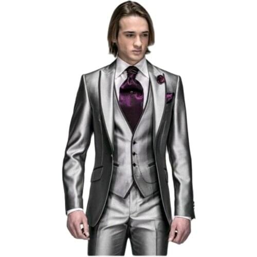 Shiny Silver Grey Men Prom Dress Business Suits Groom Wedding Coat Waistcoat Trousers Sets (Jacket+Pants+Vest+Tie) K:1286