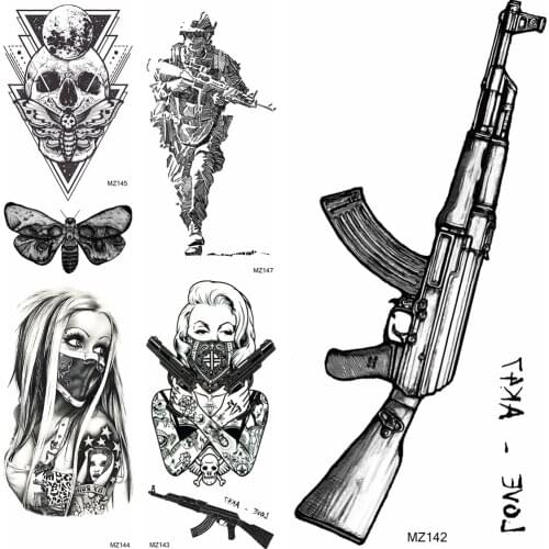 Black Firearms Temporary Tattoos Sticker For Men Women Body Art Arm Chest Tattoos Fake Geometric Death Skull Gangster Gun Tatoos