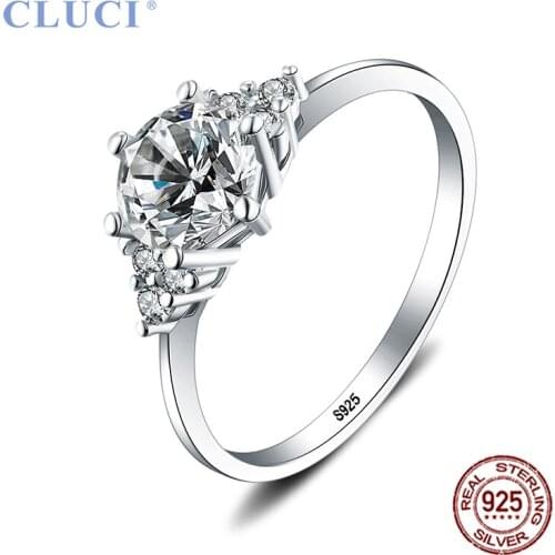CLUCI Real Silver 925 Zircon Ring Gift Jewelry for Women Classic Wedding Engagement Ring DR1002SB
