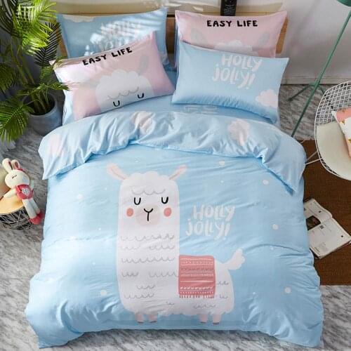 Papa&Mima Blue Alpaca Cartoon Kids Children Linens Cotton Fitted Sheet Pillowcase Twin Queen Duvet Cover Bedding Set