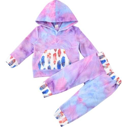 0-18M Autumn Newborn Baby Girl’s Clothes Set Long-sleeved Trousers Tie-dye Hooded T-shirt and Elastic Long Pants 2PCS Outfits