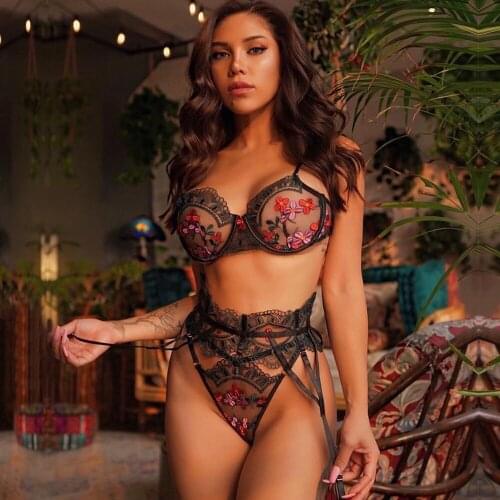 MeiKeDaiNicey 2021 3-Piece Floral Embrodiery Lace Bra Set Women Bra + Panty Sexy Underwear Set Lingerie Set