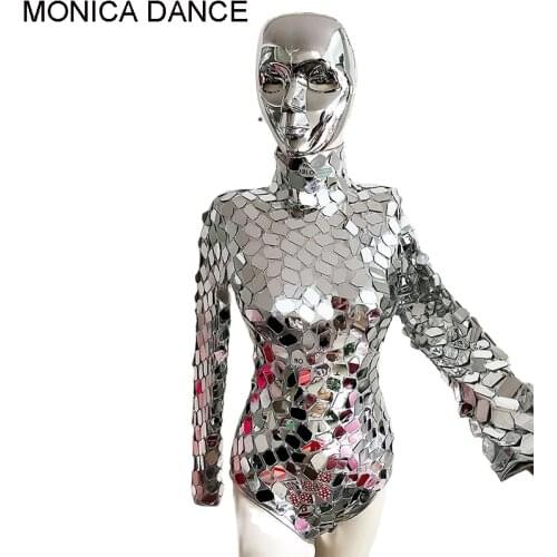 Nightclub Shining Sequins Bodysuit Dance Costume Silvery Mirrors Leotard Jumpsuit Lady Jazz Dance Wear DJ Singer Stage Outfit