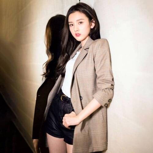 Autumn Notched Collar Plaid Women Blazer Office Ladies Double Breasted Vintage Jacket Casual Pockets Female Suits Coat 2020