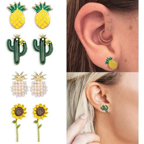 Green Cactus Earrings Creative Summer Plant Fruits Pineapple Sunflower Earrings for Women Children Jewelry Cute 2021 New Fashion
