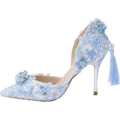 Sweet Blue Lace Flower High Heels Pointed Toe Stiletto Heel Bridal Wedding Dress Shoes Anniversary Ceremony Party Pumps Tassels