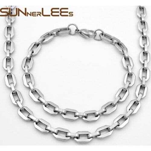 SUNNERLEES Fashion Jewelry Stainless Steel Necklace Bracelet Set 7mm Link Chain For Mens Womens Gift SC22 S