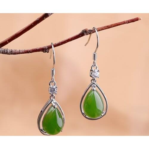 Fresh and stylish S925 sterling silver jewelry womens water drop Hetian jasper earrings