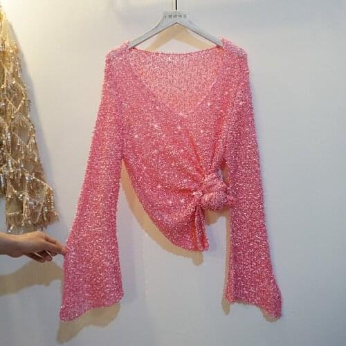 Spring 2021 New V-neck Korean Style See-through Slim-Fit Long Sleeve Flared Sleeves Knitted Pullover Sweater Top for Women