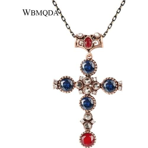 Vintage Religious Jewelry Big Gold Cross Pendant Necklace Blue Red Stone Crystal Long Necklace Women Accessories