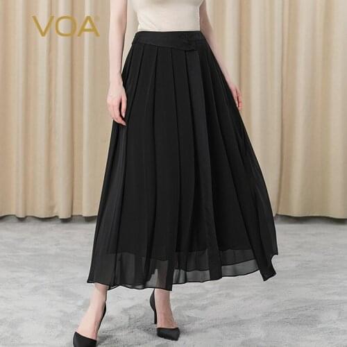 VOA 100% Mulberry Silk Long Skirts for Women CE28 Office Lady Pleated Wave Cut Chiffon Elegant Skin-friendly Black Woman Skirts