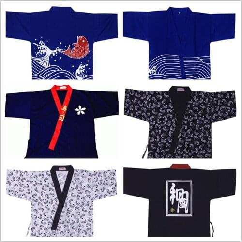 Japanese Women Men Restaurant Bar Clothes Chef/Cook Coat Jackets Uniform, Sushi/Sashimi/Salmon, Traditional, 3 Size