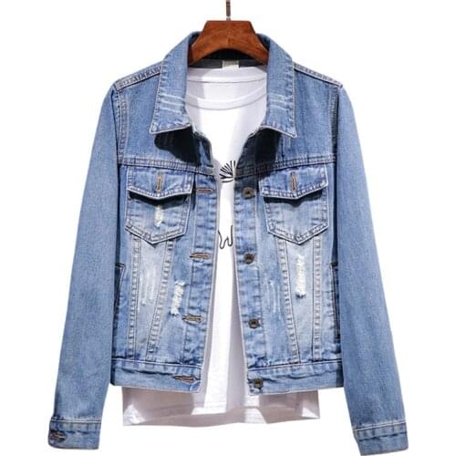 Spring And Summer Women Single-Breasted Womens Denim Jacket Solid Color Short Wild Hole Large Size Polo Collar Inner pocket coat